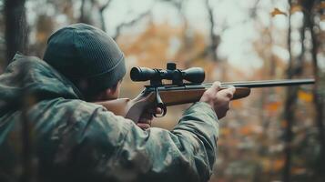Hunter aiming a rifle in a dense forest during autumn, focused on a target amidst colorful foliage photo