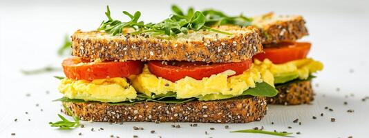 A delicious breakfast sandwich with scrambled eggs, fresh tomatoes, and spinach on whole grain bread served on a light background photo