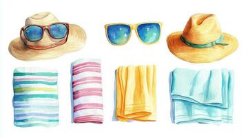Collection of beach towels and hats arranged for a sunny day at the beach, showcasing vibrant colors and accessories photo
