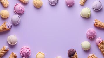 Colorful assortment of ice cream scoops arranged on a purple background with waffle cones for a delightful summer treat photo