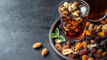 Delicious mixed nuts, dried fruits, and a refreshing drink on a dark textured surface in a cozy setting photo