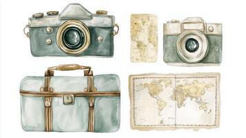 Vintage cameras and travel maps displayed on a white background, capturing the essence of exploration and adventure in photography photo