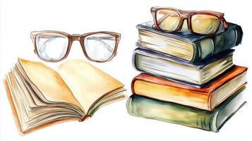 A stack of colorful books alongside an open book and a pair of glasses, ideal for inspiring reading and study sessions photo