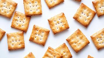Golden-brown crackers scattered on a white surface, showcasing their crispy texture and savory appearance in a casual arrangement photo