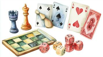 A colorful assortment of classic board games and playing cards arranged creatively on a white background photo