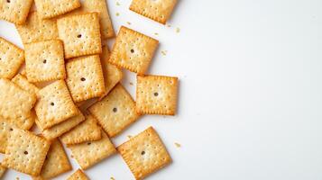 Crunchy snack crackers scattered across a clean white surface, inviting a casual snacking experience for any time of day photo