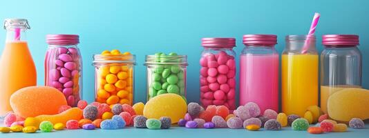 Colorful candy jars and fruity drinks lined up against a bright blue background in a cheerful display of sweets and refreshments photo