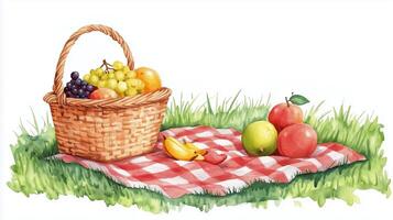 A colorful picnic basket filled with fruits on a red and white checkered blanket in a grassy setting, perfect for a sunny day outdoors photo