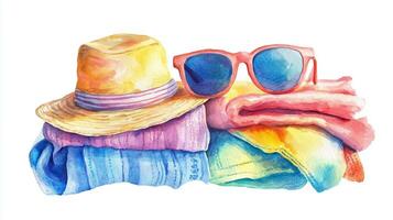 Colorful beach accessories including a straw hat, sunglasses, and folded towels arranged for a sunny day at the beach photo