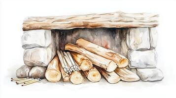 A cozy stone fireplace with neatly stacked firewood and matches ready for a warm gathering by the hearth in a rustic setting photo