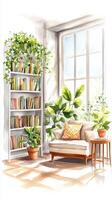 Cozy reading nook with bright sunlight, indoor plants, and a bookshelf filled with colorful books near a window photo