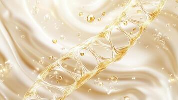 Golden liquid swirls with bubbles creating a mesmerizing pattern on a soft, light tan background photo