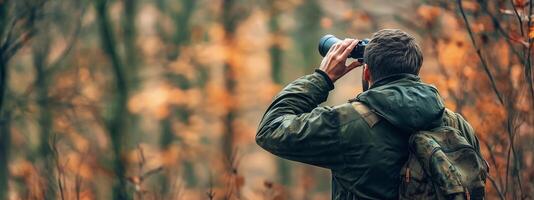 A wildlife enthusiast observes birds through binoculars during autumn in a serene forest setting photo