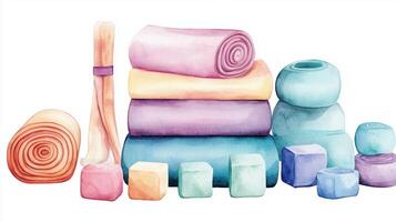 A colorful assortment of yoga props including blocks, mats, and straps arranged neatly in a bright and inviting setting photo