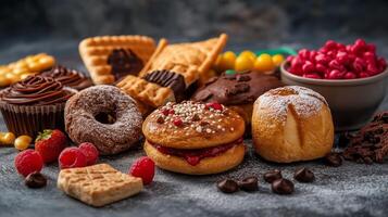 Delicious variety of freshly baked treats and desserts on a textured surface with colorful candies and fruits photo