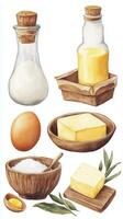 Ingredients for baking displayed on a white background featuring salt, sugar, butter, eggs, and oil with wooden containers photo