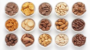 A diverse assortment of snacks displayed in bowls on a neutral background highlights tasty options for sharing or snacking during gatherings photo