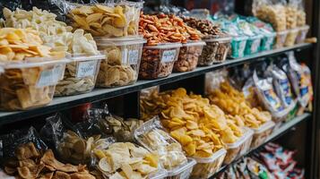 Variety of snacks displayed on shelves in a local market, showcasing colorful packaging and assorted textures photo