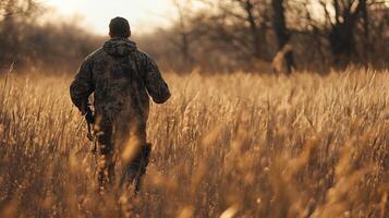 A hunter walks through tall golden grass at sunset, preparing for a day of outdoor adventure in a tranquil natural setting photo