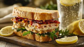 Delicious multi-layered sandwich with chicken, bacon, and fresh greens on whole grain bread, served with lemon slices and sparkling water photo