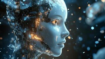 A futuristic robotic figure with luminous elements and intricate designs against a glowing background photo