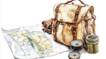 Exploring new adventures with a rugged backpack, map, and compasses set against a blank background photo