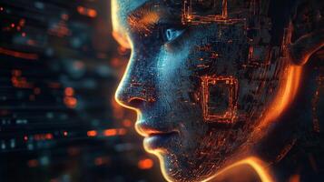 A futuristic digital portrait of a human-like figure with glowing circuits and data streaming across the surface, set against a dark backdrop photo