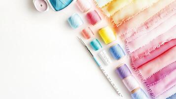 Crafting supplies laid out on a clean surface with colorful threads and fabric, showcasing a creative workspace photo
