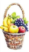 A vibrant fruit basket filled with bananas, apples, grapes, and leaves displayed beautifully against a white background photo