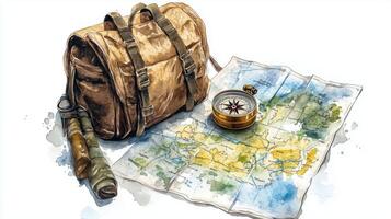 Exploring the wilderness with a hiking backpack, compass, and map on a table for planning adventure trips in nature photo