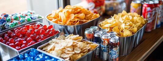 A colorful spread of snacks and beverages at a party on a sunny afternoon with various treats displayed on a wooden table photo