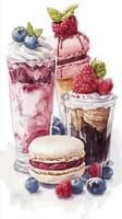 Delicious assortment of desserts featuring ice cream, parfaits, and macarons with fresh berries on a light background photo