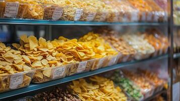 Vibrant display of colorful snacks in a market showcasing various flavors and textures in a well-organized arrangement photo