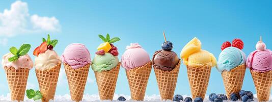Colorful selection of ice cream cones arranged against a sunny blue sky in a delightful summer setting photo