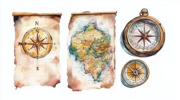 Vintage compass and map illustrations showcasing navigation tools and cartography elements on a parchment background photo