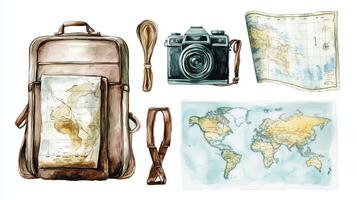A vintage camera and travel essentials on a map with a backpack highlighting adventure and exploration in a creative layout photo
