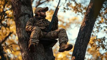 Hunter sitting in a tree stand during autumn, preparing for a deer hunt with a rifle in a forested area photo