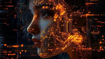 A futuristic portrait of a woman with digital circuitry and glowing patterns on her face in a darkened environment photo