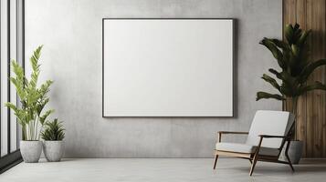 Empty gallery space with a large white canvas and potted plants in a modern interior design setting photo