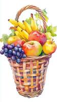 Colorful basket filled with ripe fruits including bananas, apples, and grapes on a white background photo