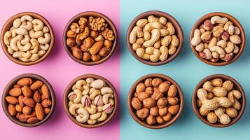 A vibrant display of assorted nuts in wooden bowls arranged on colorful backgrounds for healthy snack ideas photo