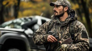 A man in camouflage gear stands in a forest with a firearm, observing his surroundings during a hunting expedition in autumn photo