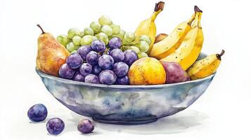 A colorful assortment of fresh fruits in a decorative bowl on a bright background displaying ripe bananas, grapes, and pears photo