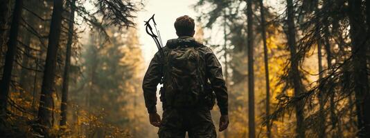 A lone hiker stands amidst a dense forest with autumn colors, preparing for an adventure in the wilderness during the early morning hours photo