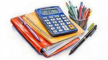 A study setup featuring notebooks, a calculator, and pens on a desk, ideal for organizing schoolwork or homework photo