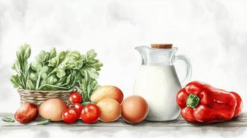 Fresh vegetables and dairy products arranged on a wooden table for a healthy meal preparation setting photo