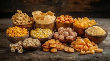 A vibrant assortment of snacks displayed in wooden bowls on a rustic table, showcasing a variety of textures and flavors photo