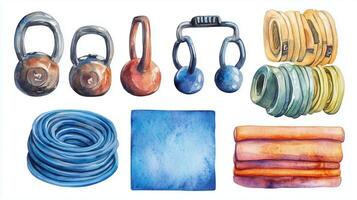 A colorful array of fitness equipment including kettlebells, resistance bands, and exercise mats arranged on a white background photo