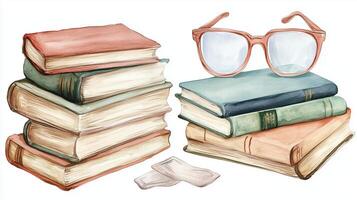 A stack of colorful books with reading glasses and bookmarks on a white background, perfect for literature lovers and educational themes photo