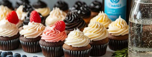 Colorful assortment of cupcakes with cream frosting and fresh fruit decorations set on a table beside sparkling water at a festive gathering photo
